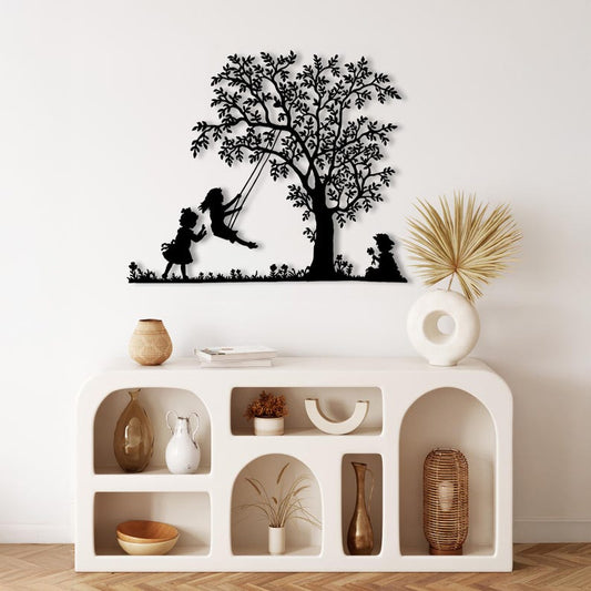Children Swinging Under the Tree" Metal Wall Art"